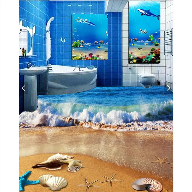 custom HD blue waves lapping the beach Waterproof Bathroom kitchen balcony PVC Wall paper Self wall sticker Floor painting