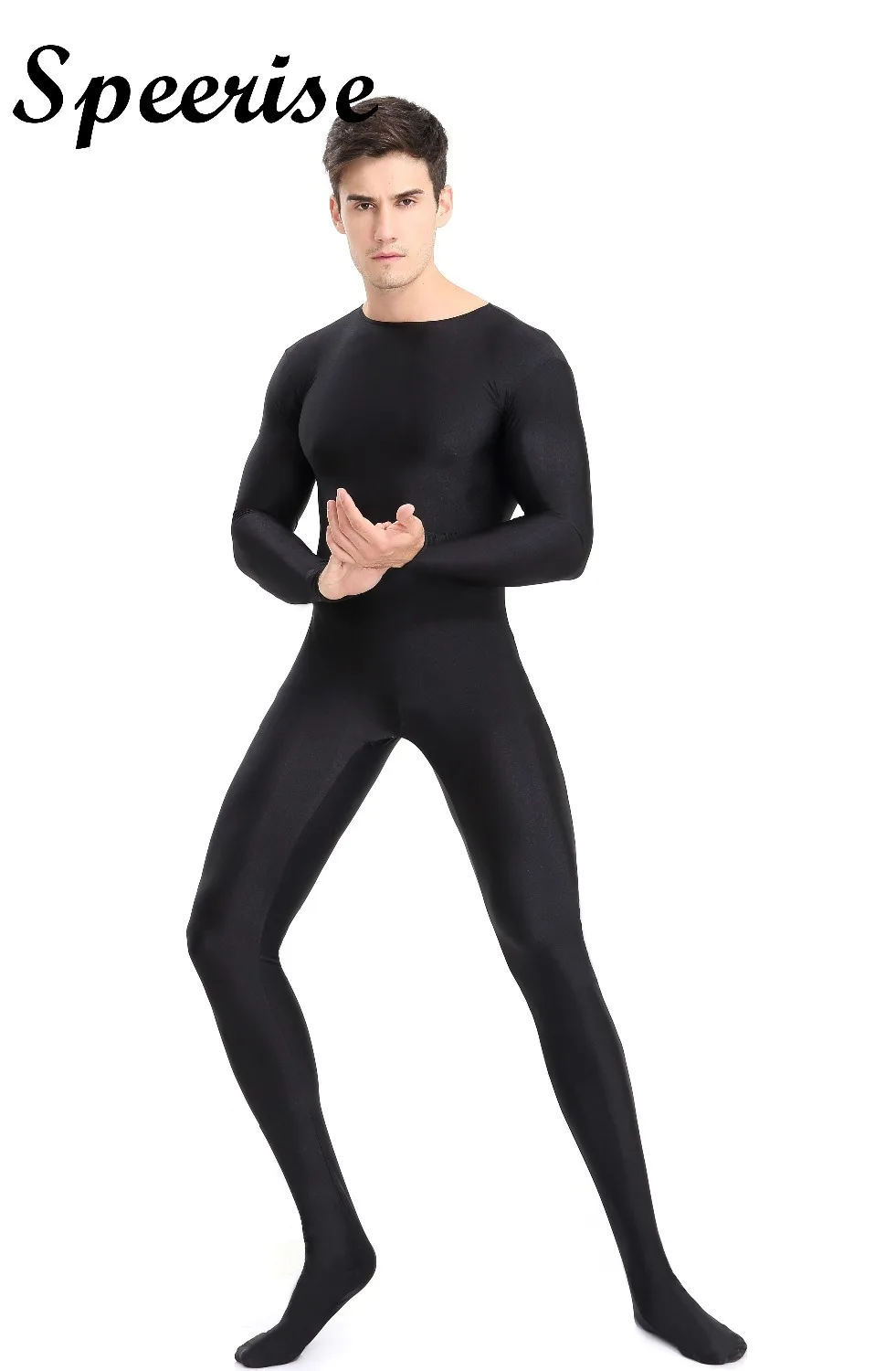 Speerise Mens Full Body Spandex Zentai Suit Black Long Sleeve Unitard Adult Zipper Back Footed Cosplay Bodysuit Costumes