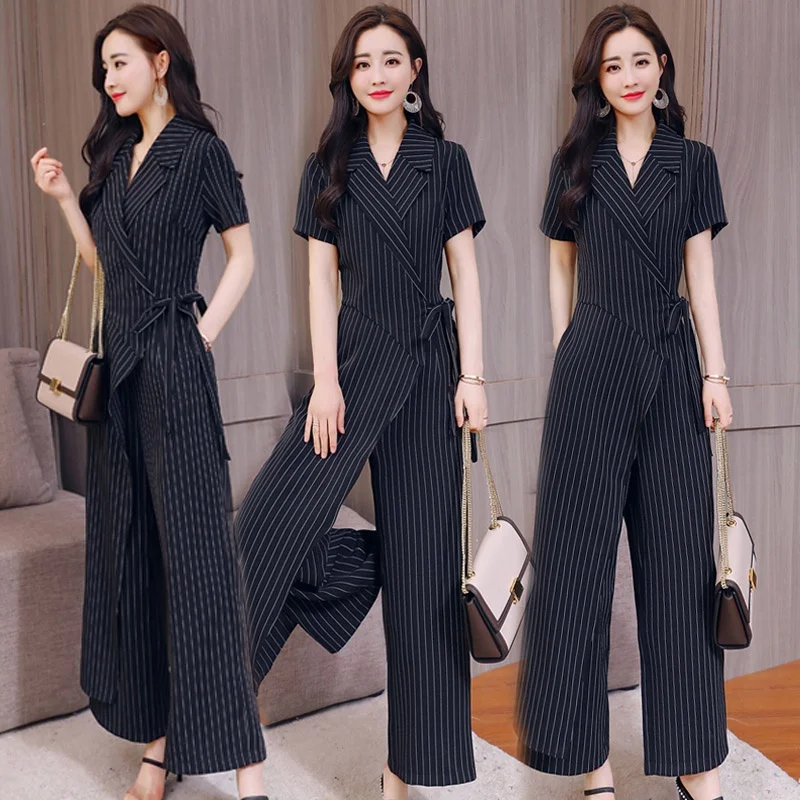 Mùa Hè Sọc Jumpsuit 2019 Nữ Tay Ngắn Quần Ống Rộng Lape Văn Phòng Kinh Doanh Nữ Thanh Lịch Liền Quần Cho Nữ 2019 DD2071