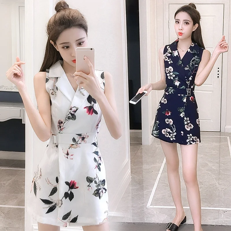 ฤดูร้อนสั้น Jumpsuit 2019 VINTAGE Floral พิมพ์ผู้หญิง Playsuit Lapel เปิดลงคอ Elegant Jumpsuits สำหรับผู้หญิง 2019 DD2086