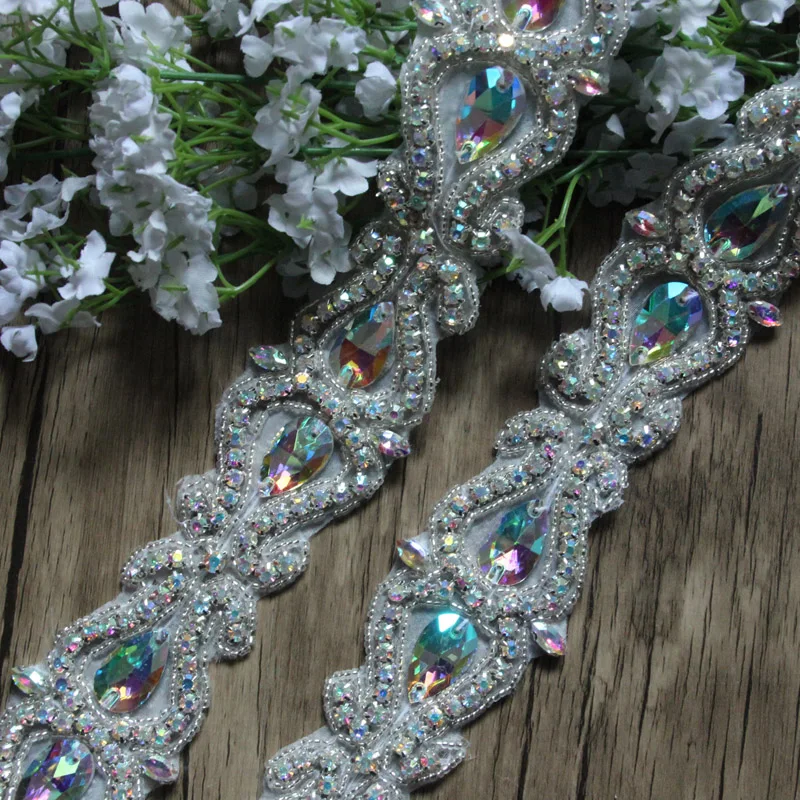 

Hot Sale 2yards Crystal AB Rhinestone Chain Bridal Sash Rhinestone Trim Flower Applique Wedding DIY Accessories LSRT102