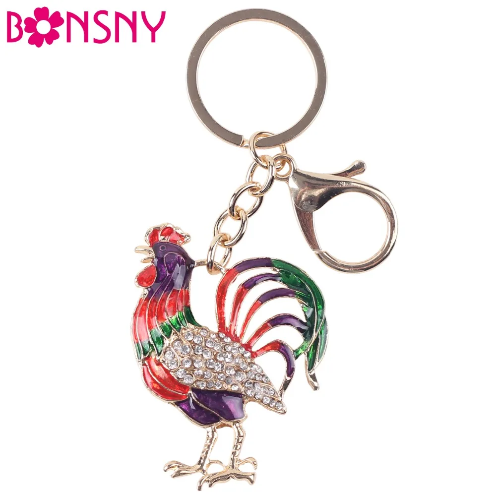 Bonsny 2016 Enamel Alloy Chicken Rooster Cock Key Chain Key Ring Pom Gift For Women Girl Bag Charm Keychain Pendant Jewelry