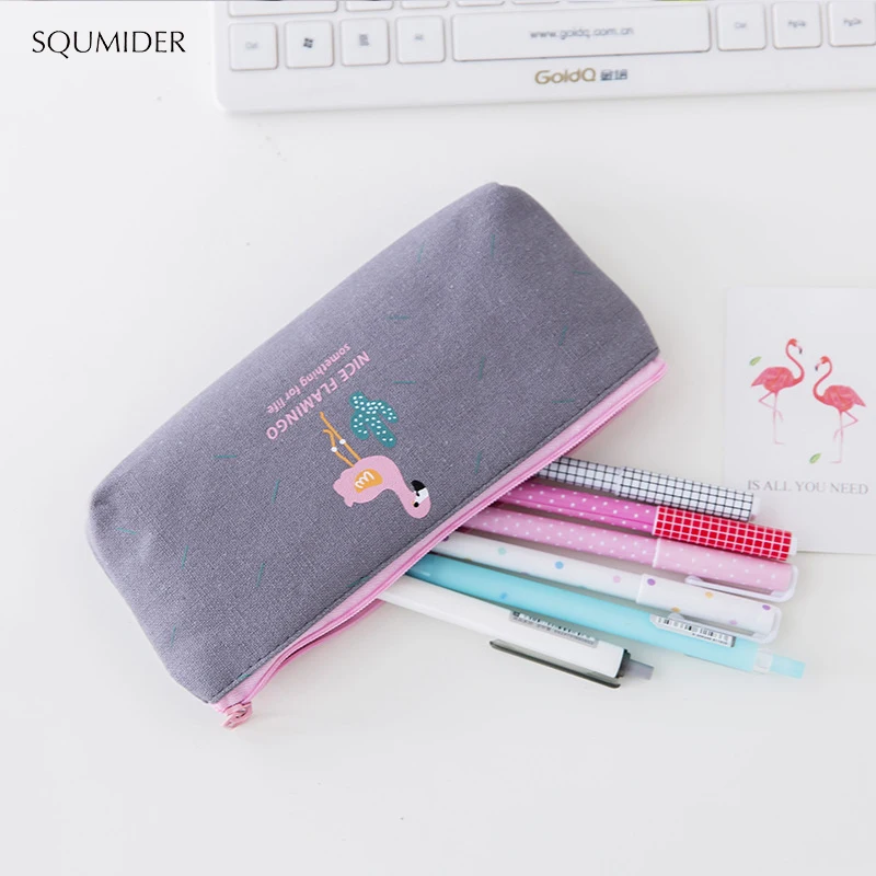 SQUMIDER 1PC Cute Flamingo Canvas Pencil Cases Stationery Storage Pen Bag Gifts School Office Pencil Bags Lovely Pencil Pouch