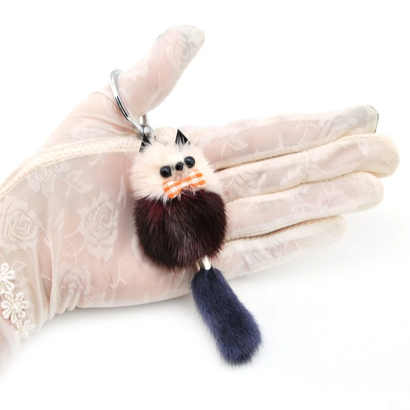 Cute Fluffy Raccoon Key Chain Women Bag Charms Genuine Mink Fur Pompom Bear Key Ring Pompon Toy Plush Doll Car Key Holder Gift