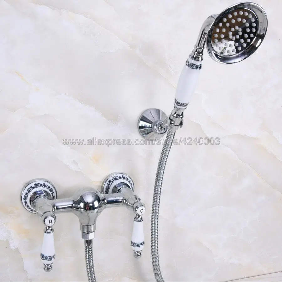 Polished Chrome Bath Faucets Wall Mounted Bathroom Basin Mixer Tap Crane With Hand Shower Head Bath & Shower Faucet Kna286