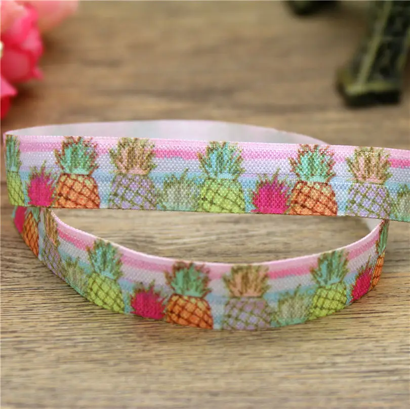 DHK 5/8'' pineapple train printed Fold Elastic FOE stretch ribbon hairbow headwear Wholesale 5yards C1494