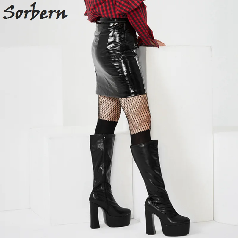 Sorbern Matte Knee High Women Boots Block Heels Platform Shoes Ladies Long Heels Boots Women Size 8 Plus Size Booties 2019 New