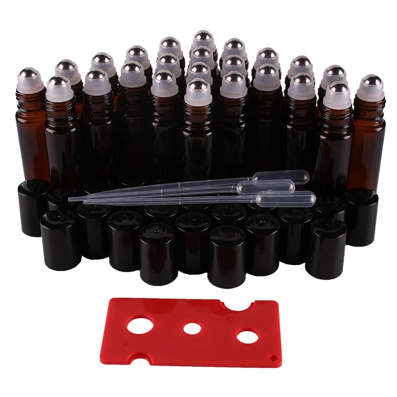 24pcs 10ml Amber Essential oil Glass Roll on Bottles Vials with Stainless Steel Roller Ball for perfume aromatherapy