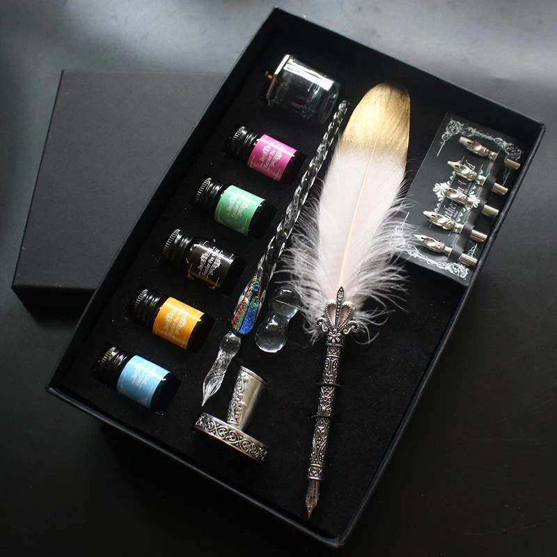 

Retro Feather Pen Glass Dip Pen With Color Ink Set, Birthday Gift