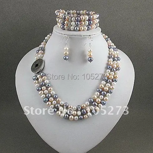 Charming!jewelry set 3rows AA 6-7MM mixes color Genuine freshwater pearl necklace bracelet earring Hot sale free shipping A2392