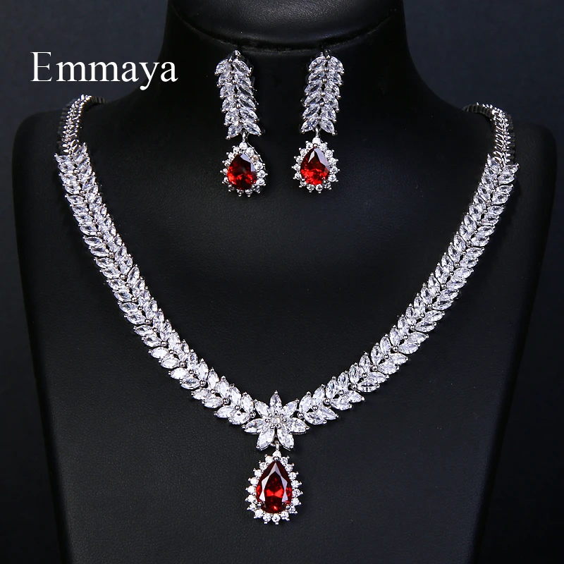 Emmaya Luxury AAA Cubic Zircon 4 Colors Water Drop Wedding Earrings Necklace For Women Bridal Jewelry Sets Party Accessories