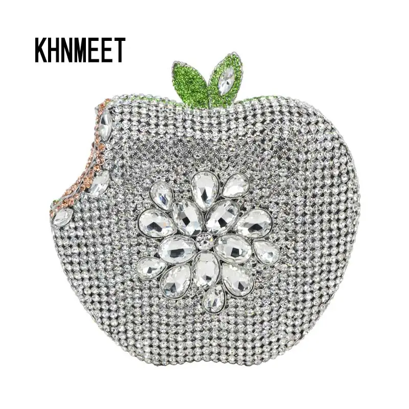 KHNMEET Silver Apple shape clutch bags Luxury crystal clutch evening bags women prom bags party purse ladies clutches SC146