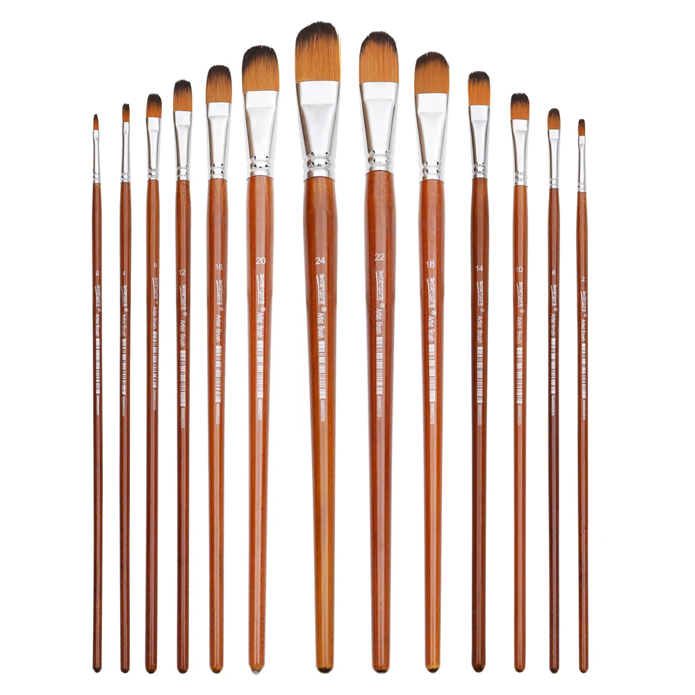Dainayw 13pcs Filbert Brushes Professional Long Handle Paint Brushes Watercolor Painting Brush For Oil Acrylic Nylon Hair