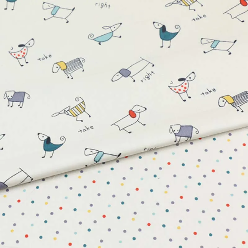 100% cotton twill cloth cartoon beige Stick figure dogs color dot fabric for DIY bedding cushion apparel quilting handwork decor