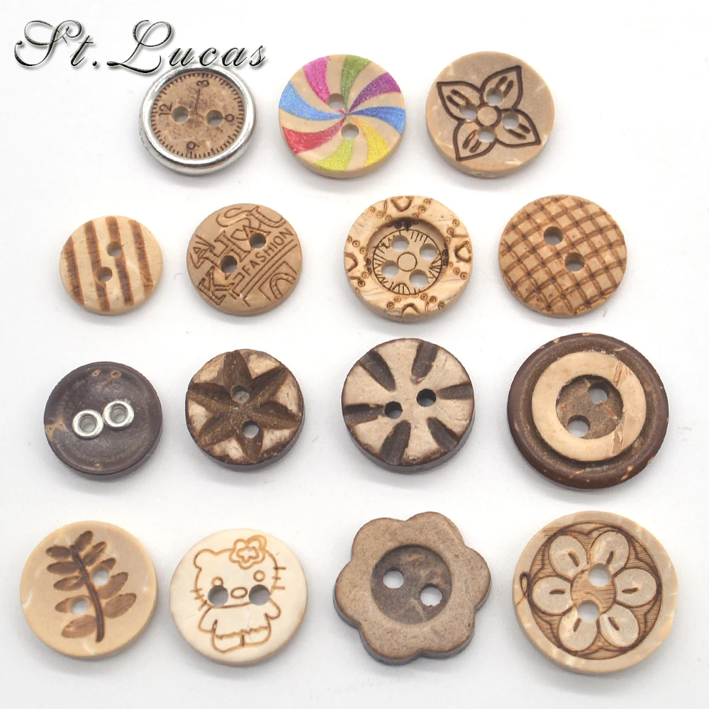 15 types new fashion 30pcs/lot Natural color coconut Sewing Buttons 2 Hole Button garment Scrapbooking Sewing Accessories DIY