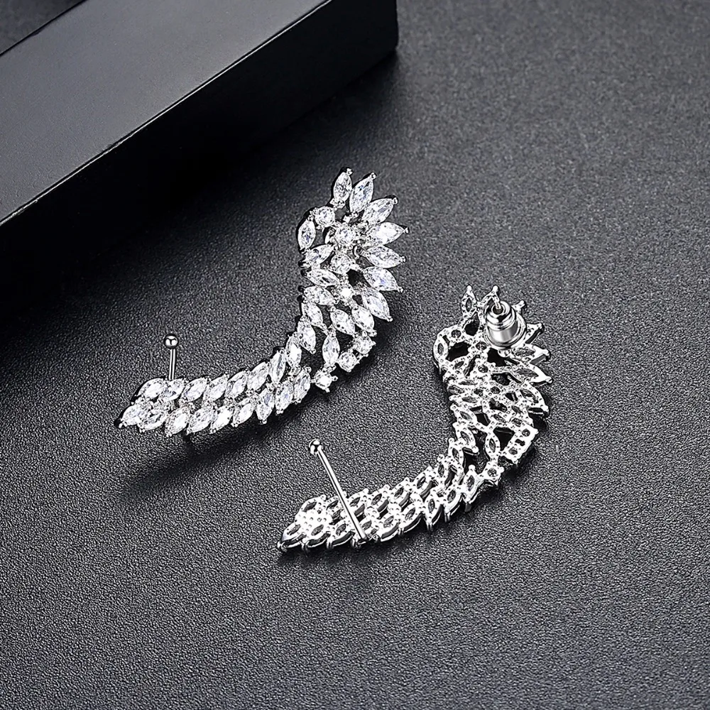 LUOTEEMI Trendy Personality Ear Clip for Women Luxury Cubic Zircon Angle Wings Stud Earrings Unusual Earrings for Bridal Wedding