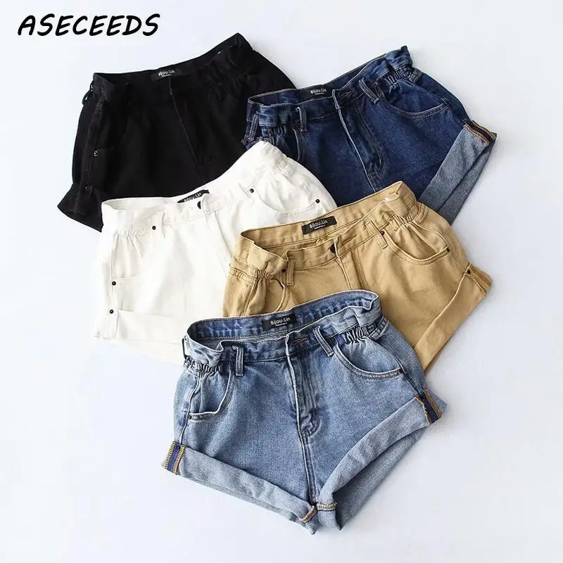 Vintage black Khaki cotton denim shorts women elastic high waist shorts Summer casual hot slim jean shorts clothing 2019