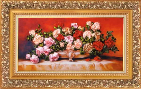 

Needlework,DIY Ribbon Cross stitch Sets for Embroidery kit,table vase rose floral flower ribbon Cross-Stitch handwrok needlework