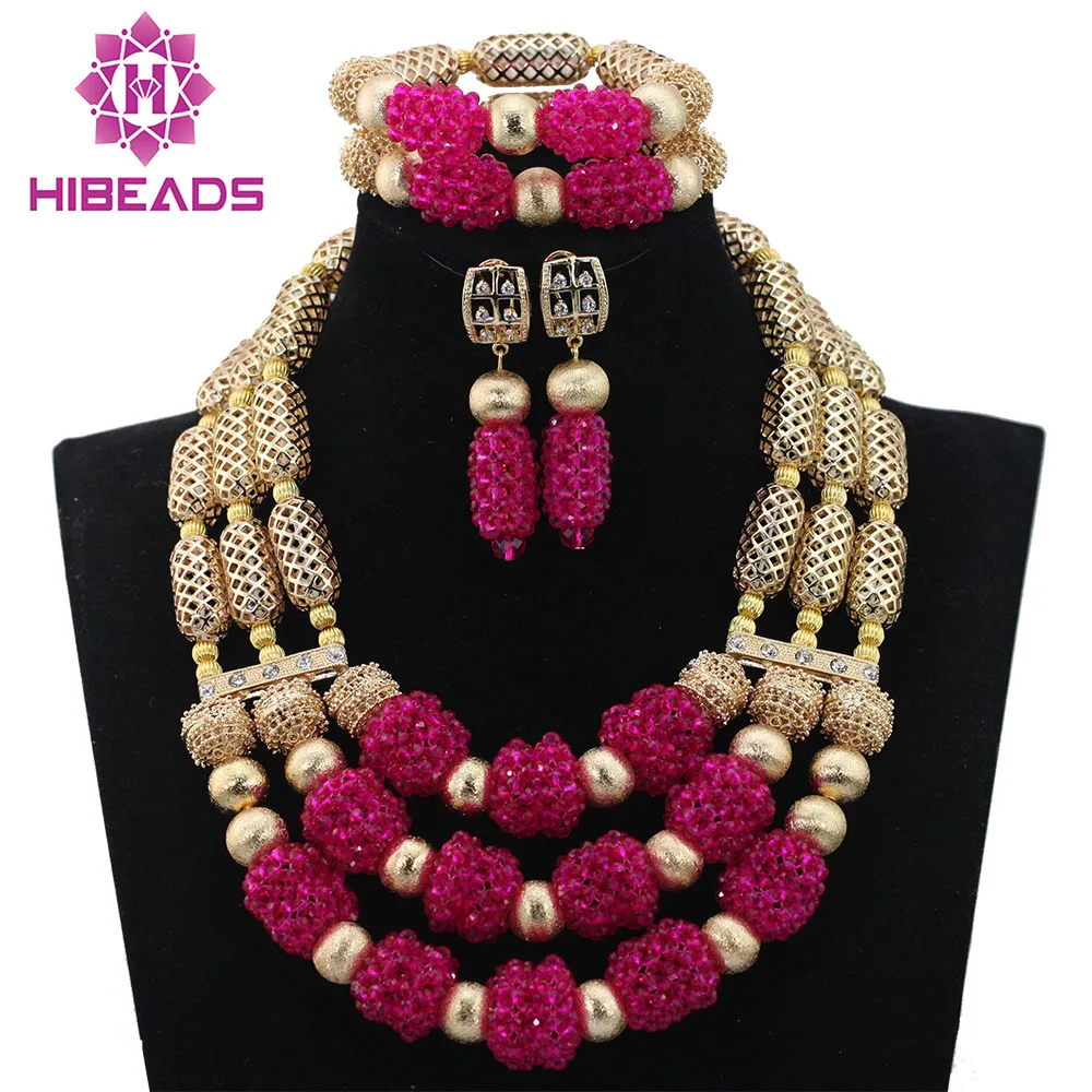 Trendy Fuchsia Crystal Beads Wedding African Jewelry Set Deep Pink Women Statement Necklace Set Gold Free ShippingABL734