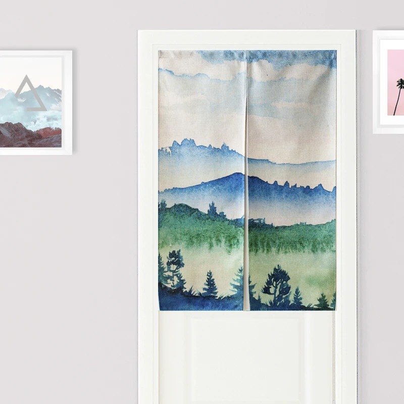 

Nordic Simple Watercolor Landscape Tree Door Curtain Noren Linen Tapestry Study Home Decor Bedroom Kitchen Curtains