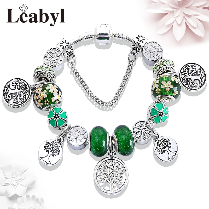 Dropshipping Silver Color Tree of Life Charm Bracelets Green Cherry Flower Bead Bracelet for Fashion Jewelry Gift