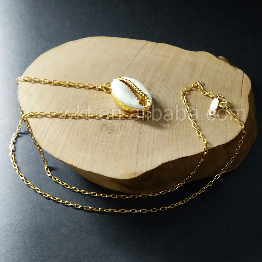 WT-N712 Fashion Cowrie Doulbe bails Necklace for Women natural cowrie shell pendant with double bails gold trim chain necklace