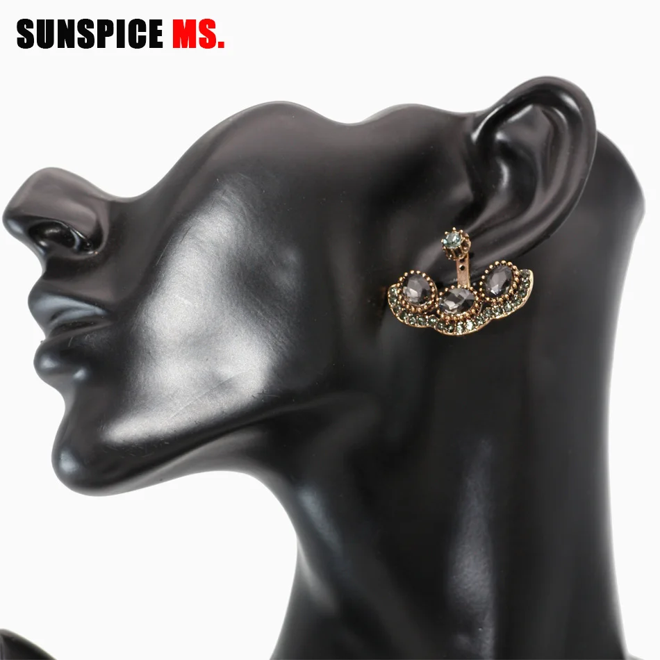 SUNSPICE MS Vintage Gray Crystal Women Drop Earring Round Bead Antique Gold Color Indian Jewelry BOHO Fashion Wedding Bijoux