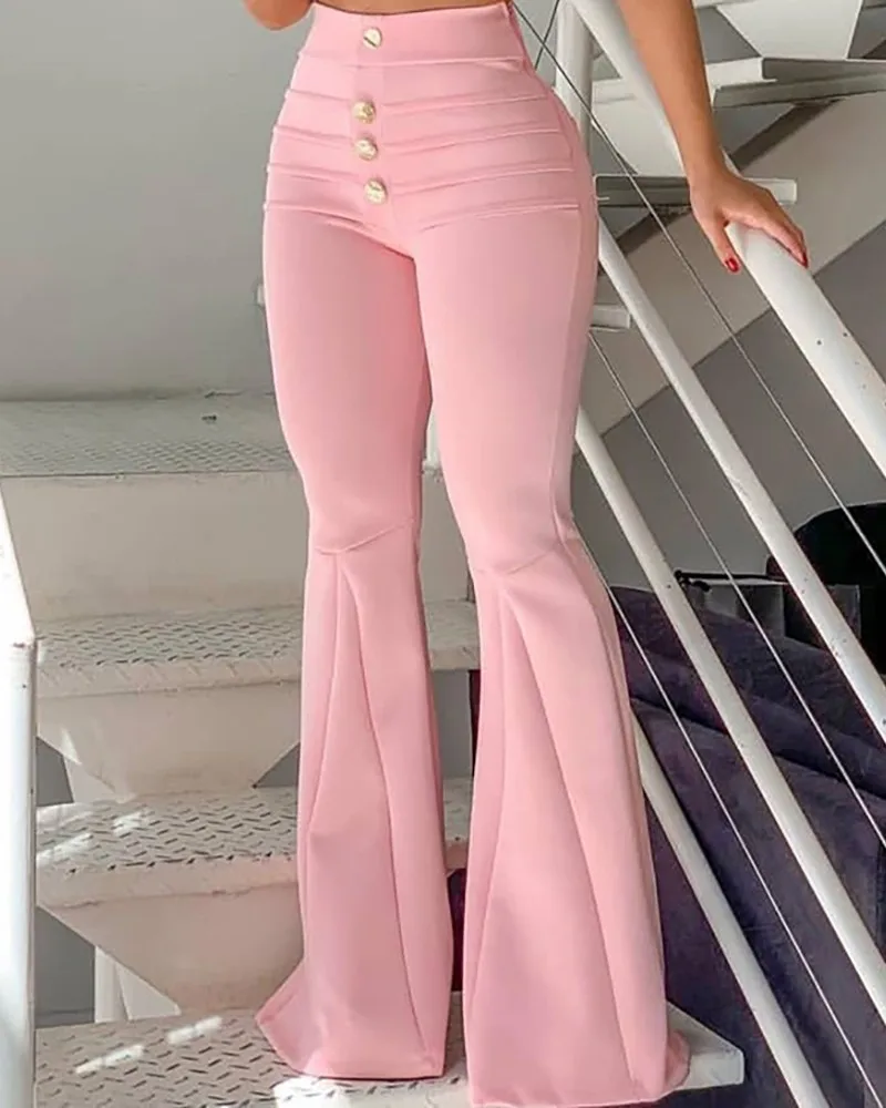 Women Elegant Pink Office Style Spaghetti Strap V-Neck Suit Set Cami Top & Buttoned Bell-Bottom Pants Set Summer 2019