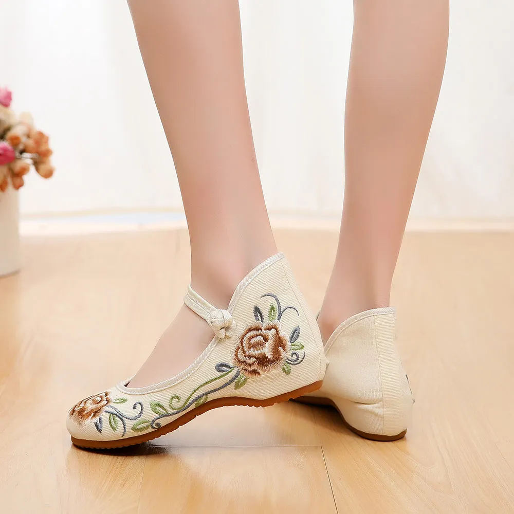 Veowalk Ankle Strap Women Canvas Embroidered Ballet Flats, Chinese Style Ladies Casual Comfort Walking Shoes Cotton Ballerinas