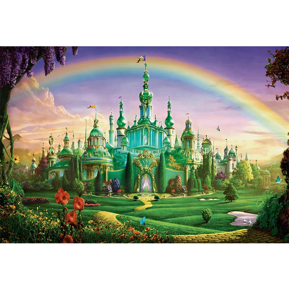 

Fairytale Wonderland Rainbow Kids Castle Backdrop Photography Brick Path Flowers Princess Girl Birthday Party Photo Background