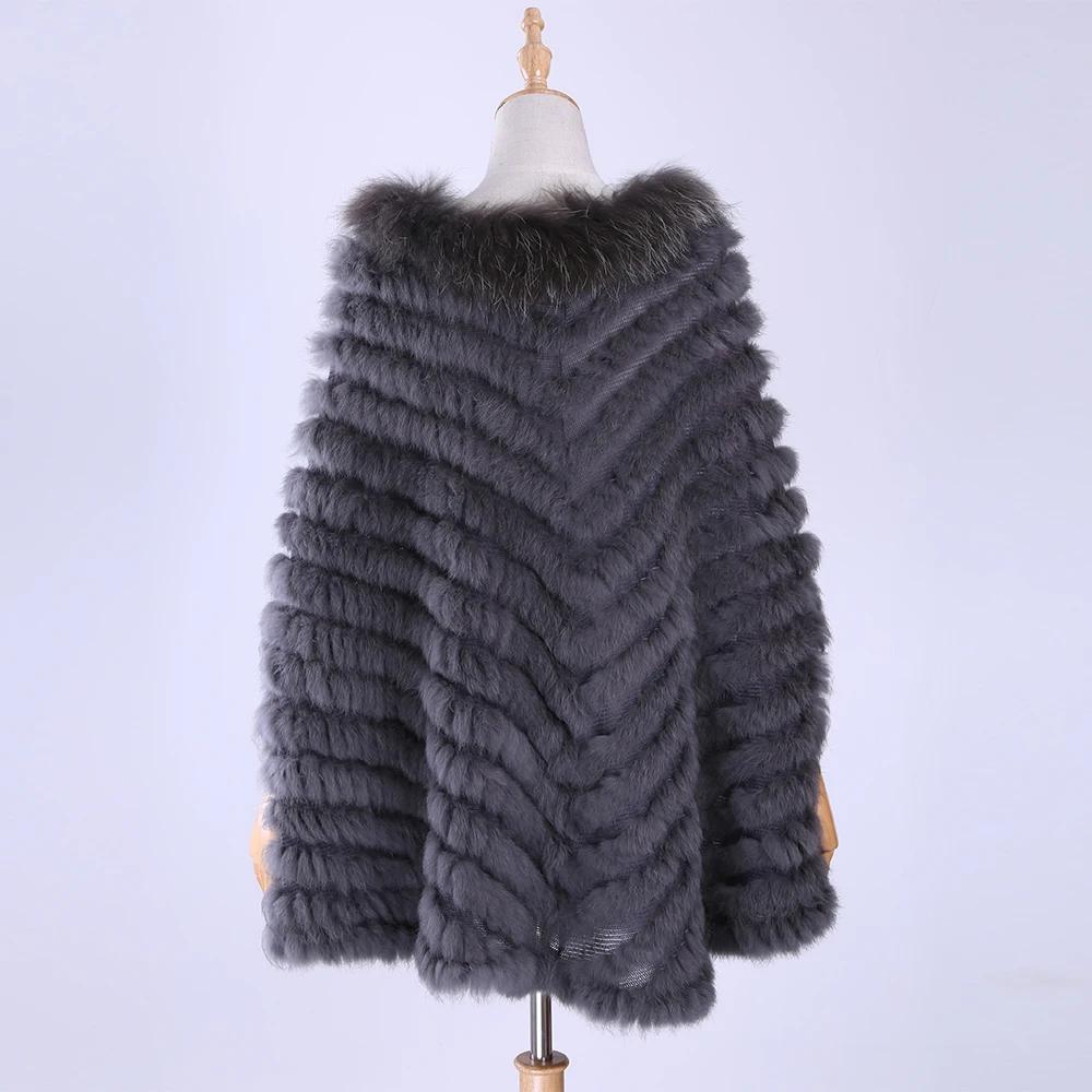 New Women\'s Luxury Pullover Knitted Genuine Rabbit Fur Raccoon Fur Poncho Cape Real Fur Knitting Wraps Shawl Triangle Coat