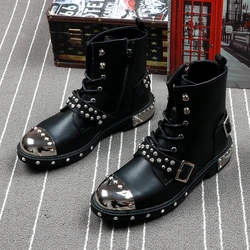 CuddlyIIPanda Men Fashion Luxury Brand Rivets Punk Style Spring Autumn Ankle Boots Male Metal High Top Motorbike Sneakers