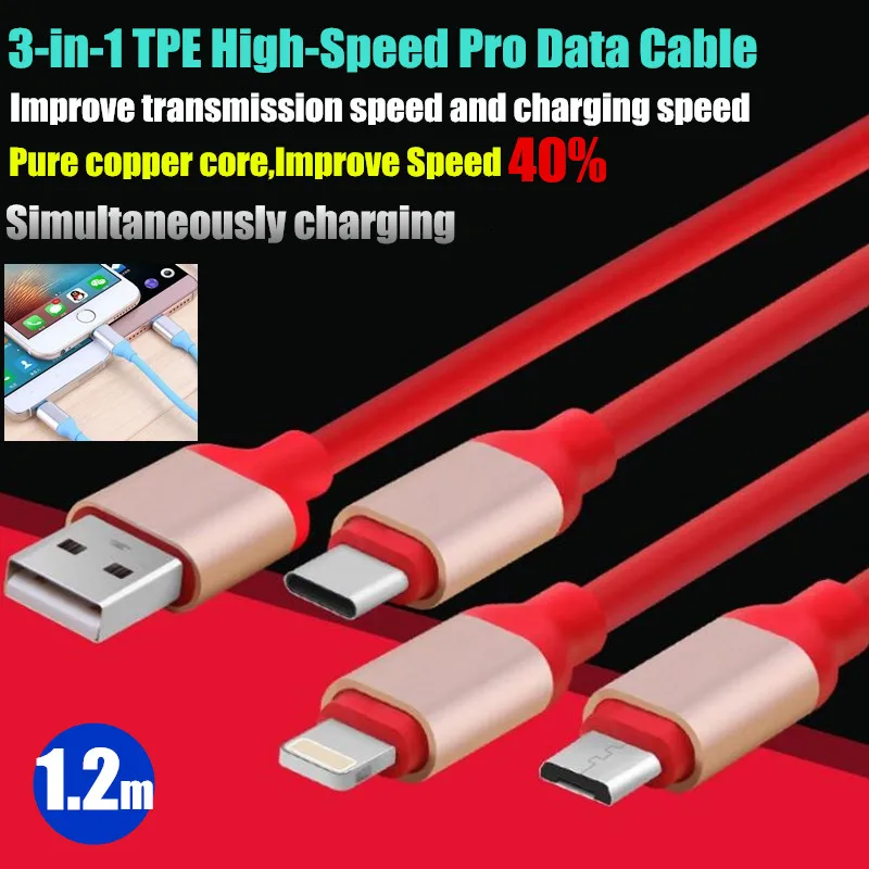 

3 in 1 Pure Copper Core TPE High-Speed Pro Data Cable,Improve Speed & Fast Charging 40%,For iPhone 8P Type-C Micro USB,2.1A,1.2m