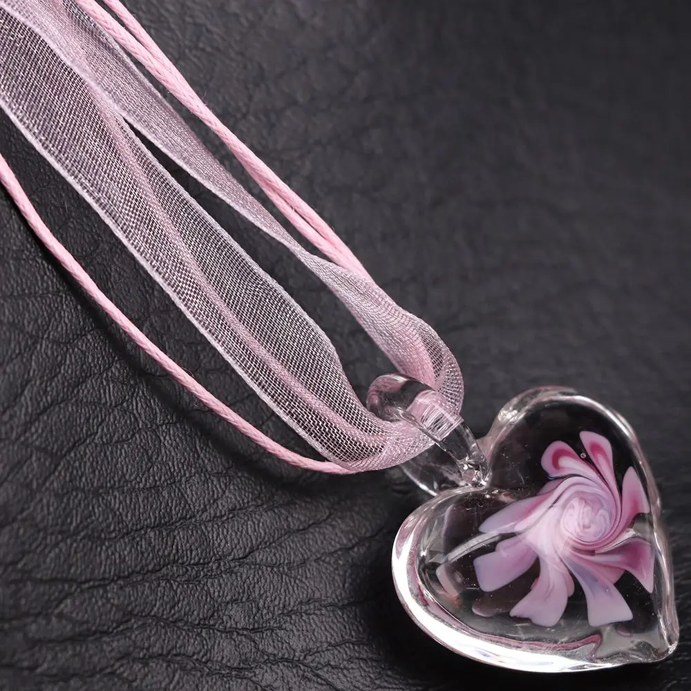 1PC Fashion Murano Glass Heart  Pendant Necklace Handmade Pink Dried Flower New Design Elegant Women Jewelry Gift