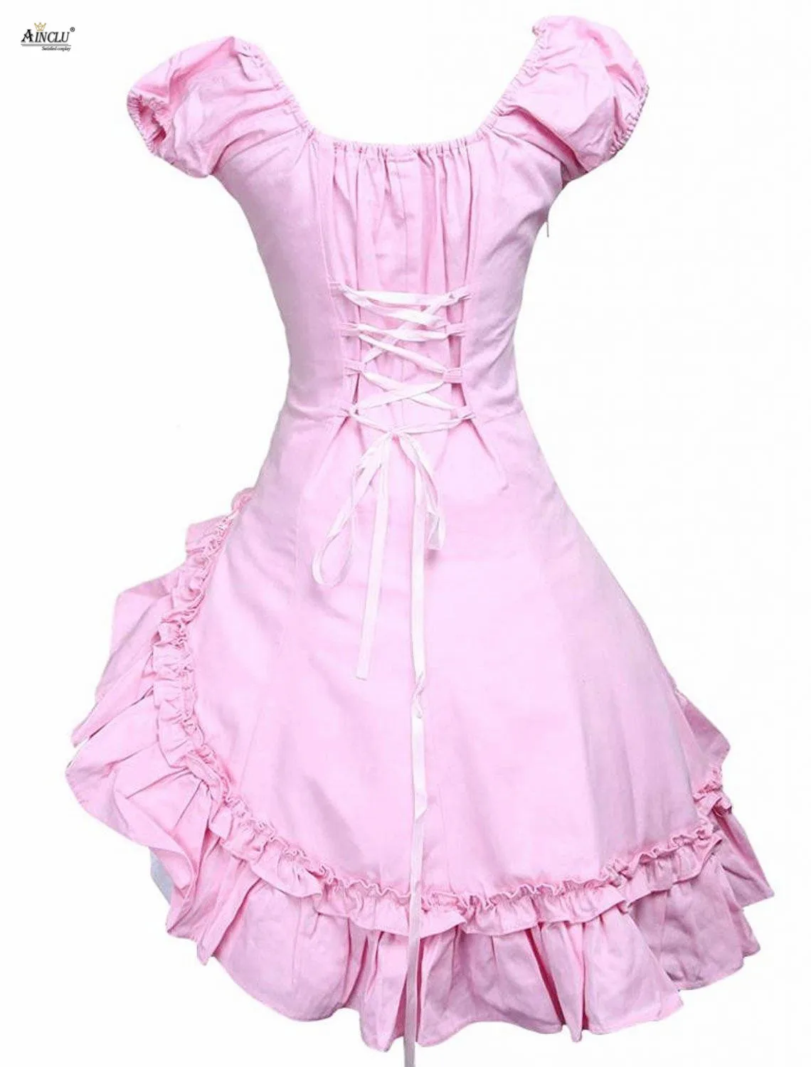 Ainclu Women Pink Lolita Dress Classic Short Sleeves Bow Ruffle Sweet Lolita Dresses Cosplay Clothes XS-XXL