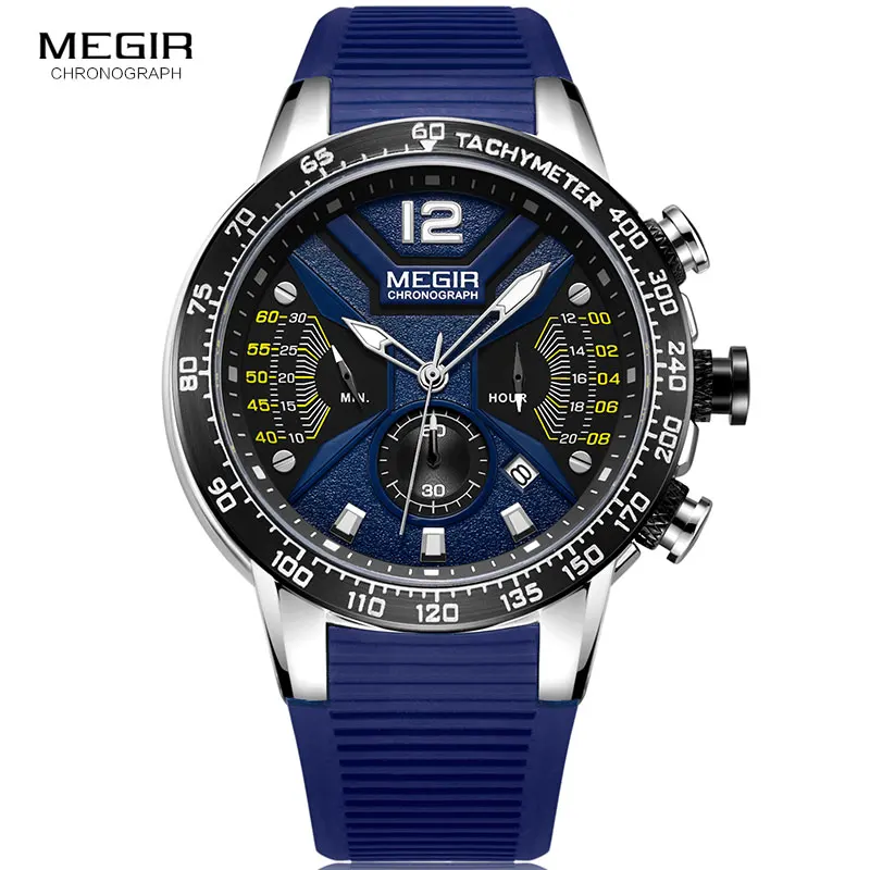 MEGIR Men's Army Sport Chronograph Quartz Watches Silicone Strap Luminous Waterproof Wristwatch Man Relogios Masculino 2106 Blue