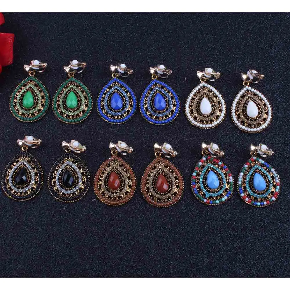 New Party 6 color Bijoux Bohemia Statement Crystal  Clip on Earrings Without Piercing Boho Turkish Vintage Ethnic Jewelry