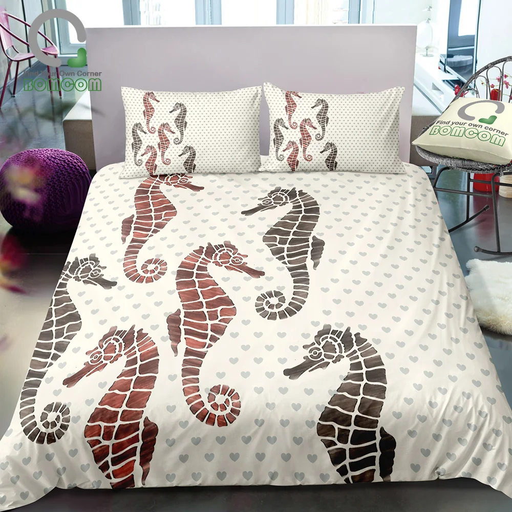 

BOMCOM 3D Digital Printing Hand Drawn Watercolor Seahorse on Heart Background bedding Sets 100% Microfiber Ivory