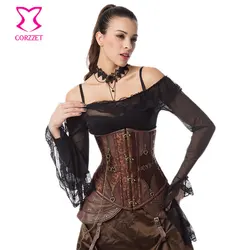 Brown Brocade Rivet Leather Skull Chain Sexy Underbust Halloween Corset Steampunk Clothing Women Plus Size Corsets and Bustiers