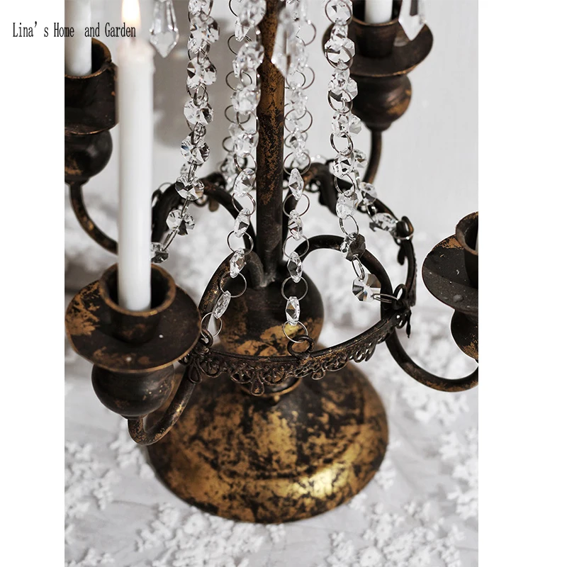 4 arms antique vintage golden metal candle holder crystal candelabra