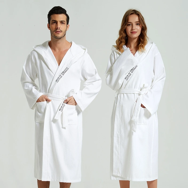 Cotton Waffle Bathrobe Men Summer Long Hooded Bridesmaid Men\'s Robe Bride Male Kimono Thin String Bathrobes Couple Loose Home