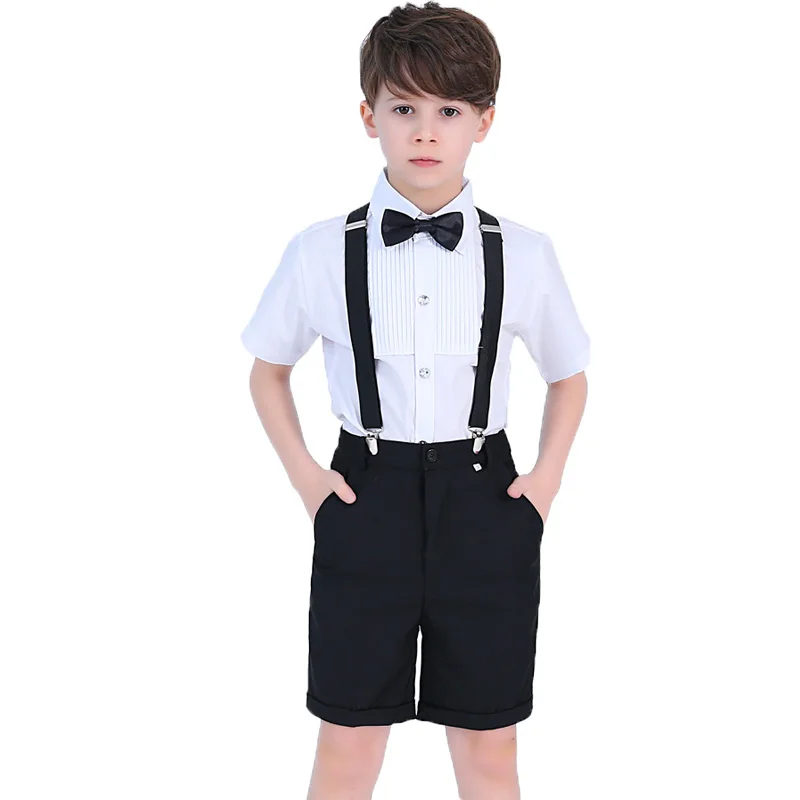 Wedding Suit For Boys Kids Formal Prince School student Dress Gentleman Kids Strap Shirt Pants Bowtie 4Pcs ceremony Costumes