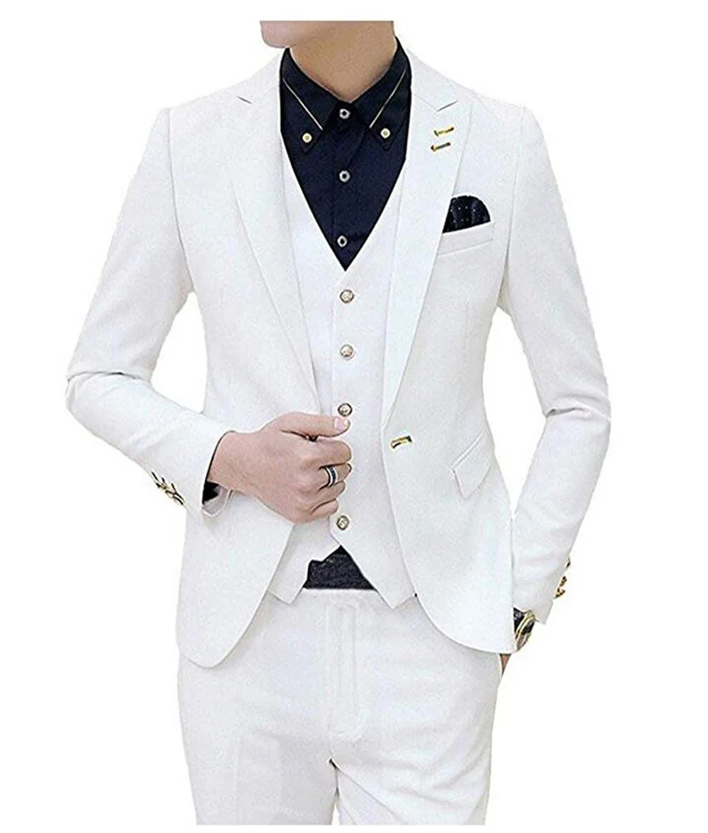 

Men Suits Black/White One Button 3 Pieces Jacket Vest Pants Wedding Business Suits Groom Tuxedos New