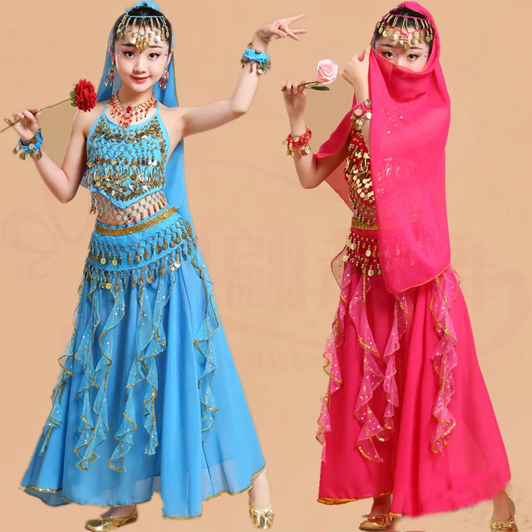 5 pçs criança conjunto de dança do ventre menina trajes de dança do ventre crianças dança do ventre meninas bollywood indiano desempenho dança wear roupas