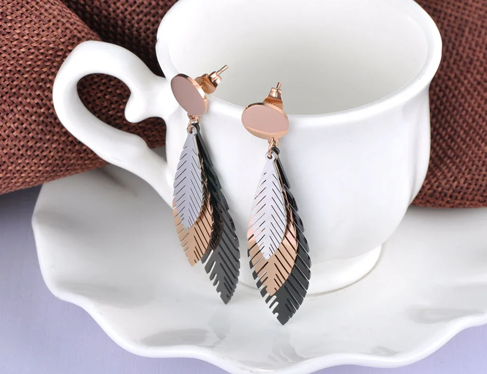 JeeMango Elegant Stainless Steel Rose Gold Color Leaves Stud Earrings Bohemia Style Creative Jewelry For Women Kolczyki JE19100