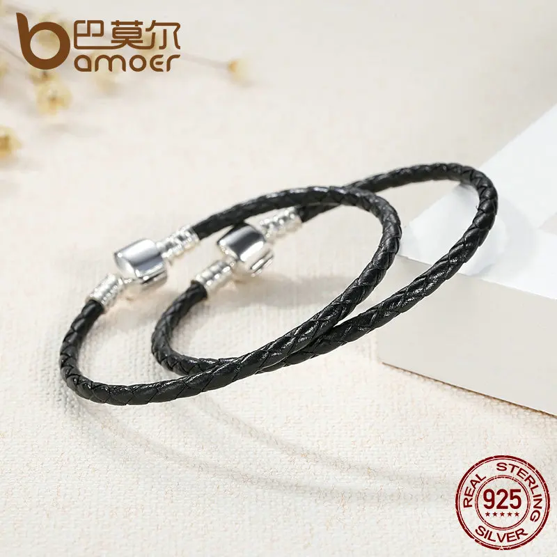 BAMOER Popular 925 Sterling Silver Genuine Leather Bracelets with Snake Chain Unisex DIY Bracelet Fine Jewelry PAS911