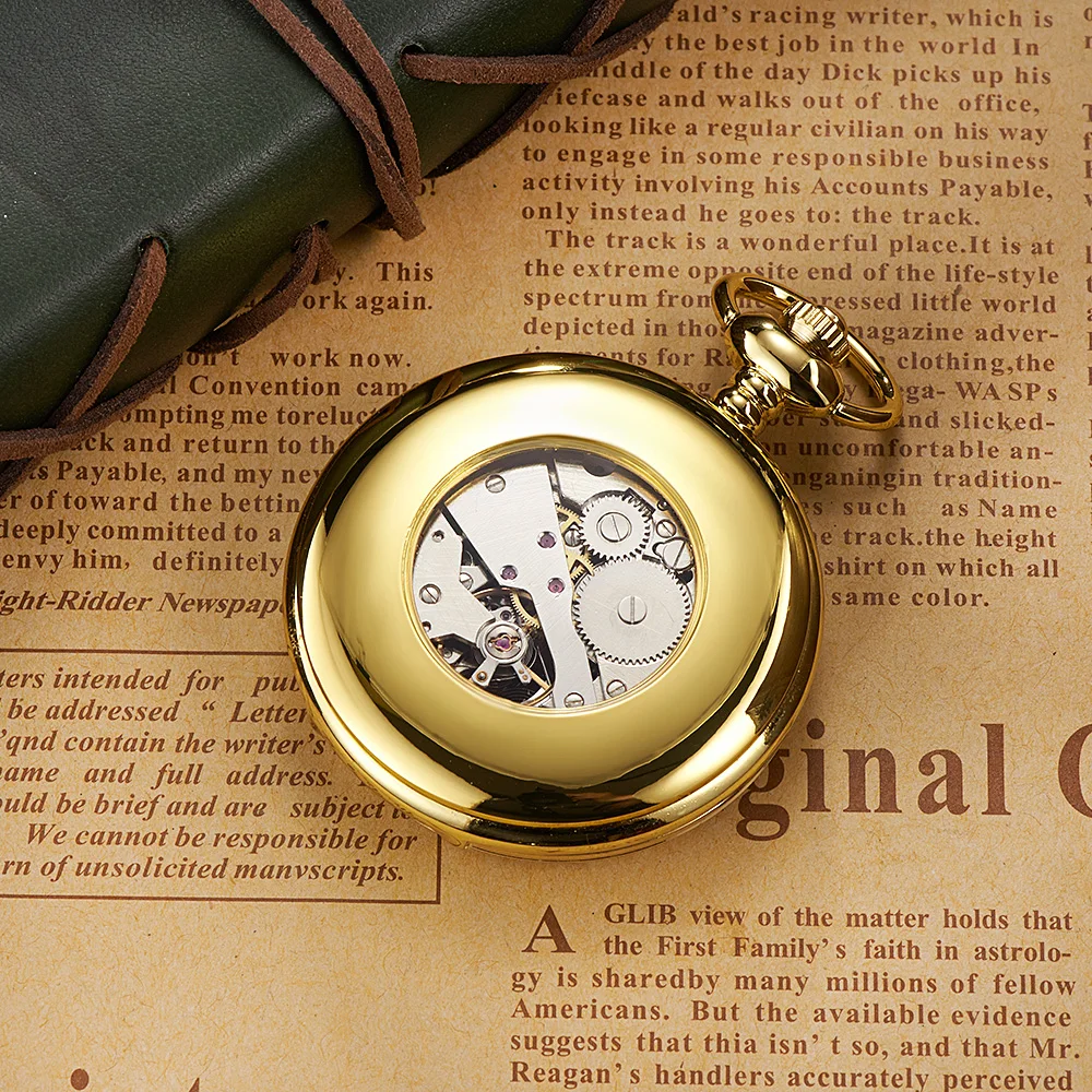 Luxo Golden Mechanical Pocket watch para Homens Esqueleto Mão Wind Fob Watch com Correntes Antique Pendant Clocks Weeding Presentes