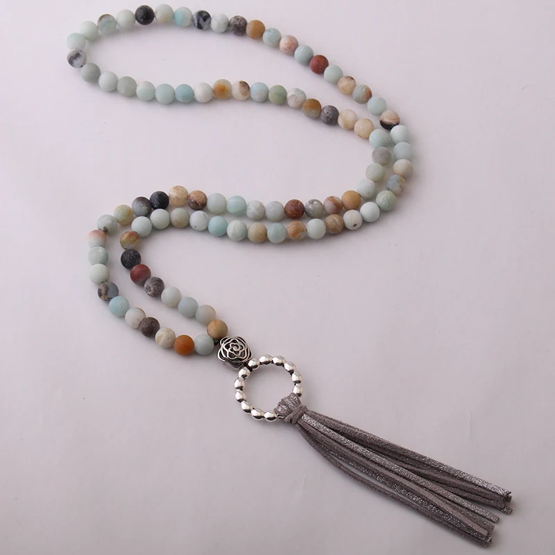 Fashion Amazonite Stones Bohemian Tribal Jewelry Circle Long Tassel Necklace