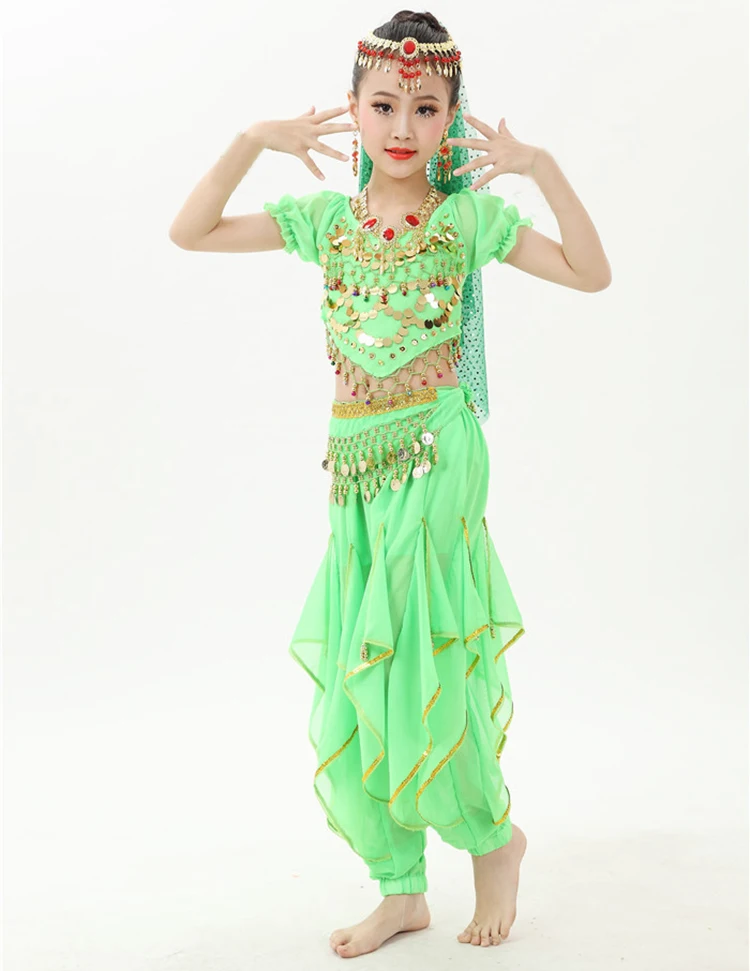 2019 Girl Children Belly Dance Costumes 4Pcs Chiffon 120D Sequin Clothing For Kids Genie Fringe Dance Pants Gypsy Clothes G