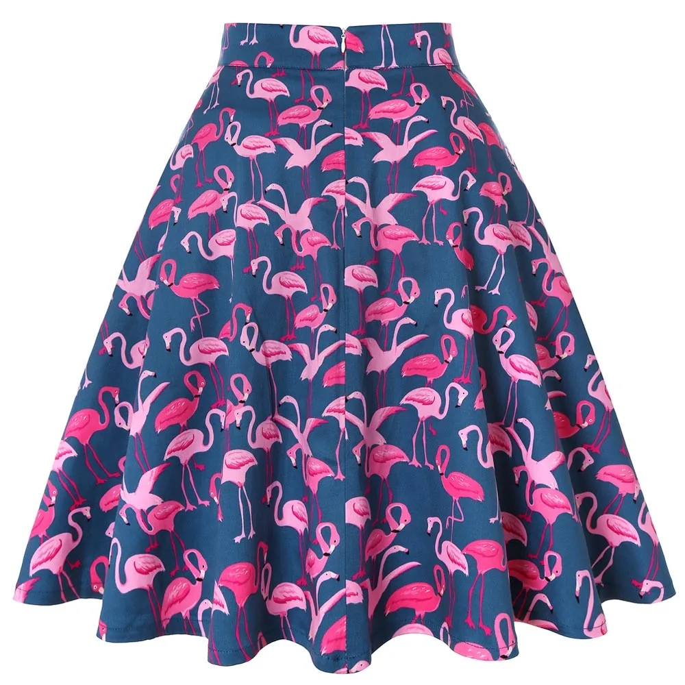 Cotton Women Retro Pleated Skirts 50s Kawai Vintage Rockabilly Swing Flamingo Printed High Waist Casual Tutu Summer Skater Blue